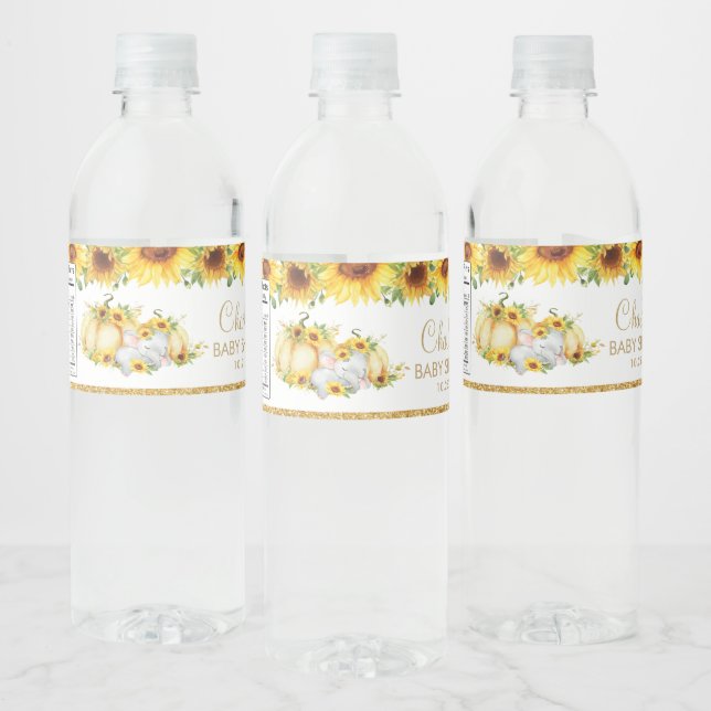 Chic Sunflower Pumpkin Elephant Baby Shower Favour Water Bottle Label (Bottles)