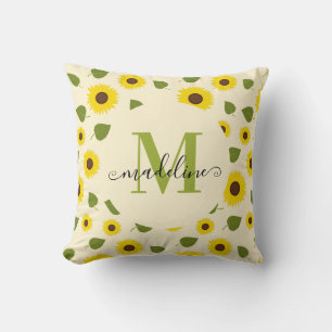 Chic Sunflower Yellow Green Leaf Script Monogram Throw Pillow