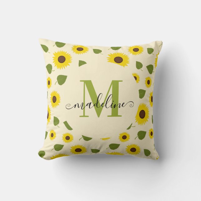 Chic Sunflower Yellow Green Leaf Script Monogram Throw Pillow (Front)