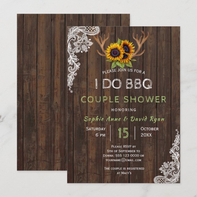 Chic Sunflowers Antlers I DO BBQ Couple Shower Invitation (Front/Back)
