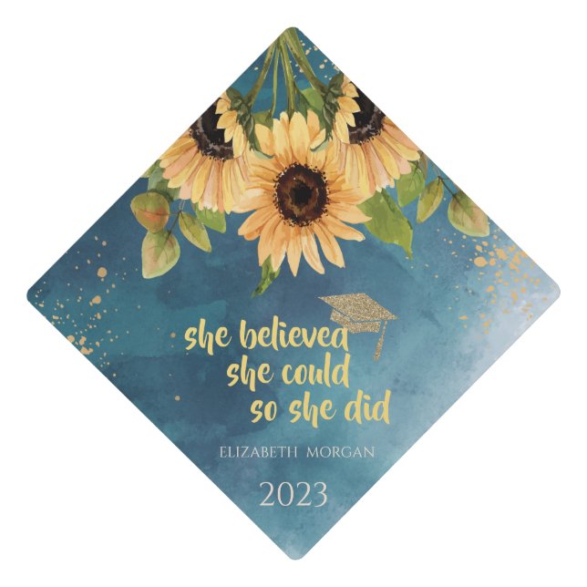 Chic Sunflowers Glitter Graduate Cap (Front)