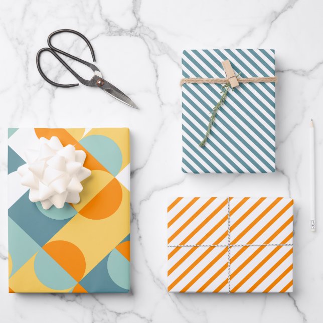 Chic Sunny Orange Teal Blue Circles Art Pattern Wrapping Paper Sheet (Front)