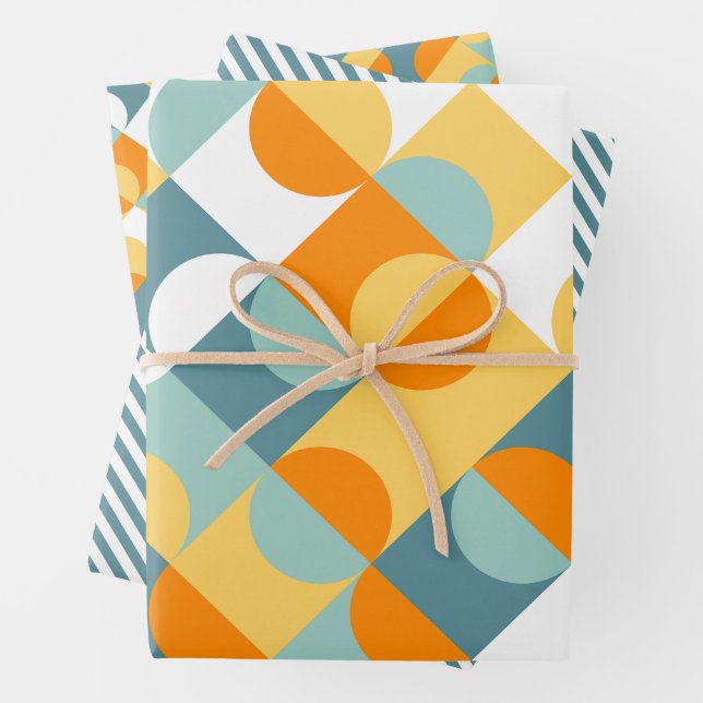 Chic Sunny Orange Teal Blue Circles Art Pattern Wrapping Paper Sheet (In situ)