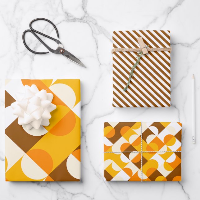 Chic Sunny Yellow Orange Brown Circles Art Pattern Wrapping Paper Sheet (Front)