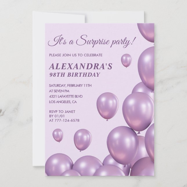 Chic Surprise Purple 98th birthday invitations  (Front)