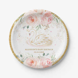 Chic Swan Blush Pink Floral Baby Shower Birthday P Paper Plate