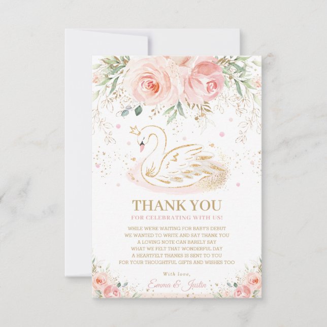 Chic Swan Princess Blush Pink Floral Baby Shower Thank You Card (Front)