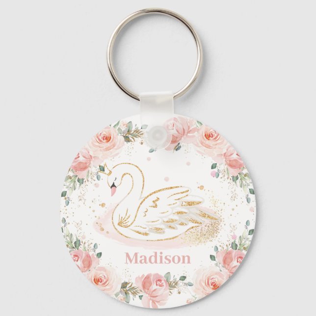 Chic Swan Princess Pastel Blush Floral Gold   Keychain (Front)