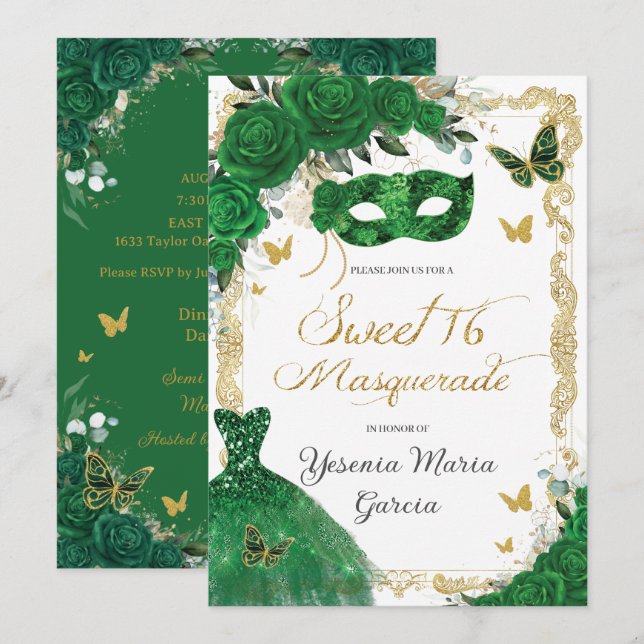 Chic Sweet 16 Masquerade Emerald Green Floral Gold Invitation (Front/Back)