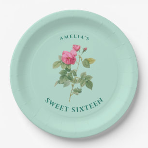 Chic Sweet 16 Mint Green Floral Botanical  Paper Plate
