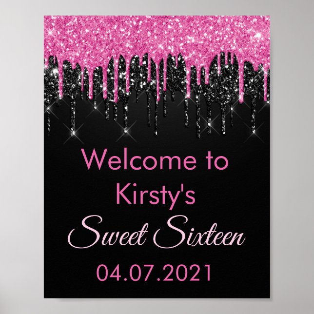 Chic Sweet 16 Pink Black Glitter Party Welcome Pos Poster (Front)