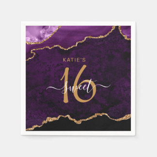 Chic Sweet 16 Purple Gold Agate Custom Name Party Napkin