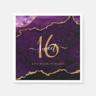 Chic Sweet 16 Purple Gold Agate Custom Name Party Napkin