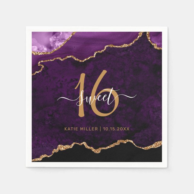 Chic Sweet 16 Purple Gold Agate Custom Name Party Napkin (Front)