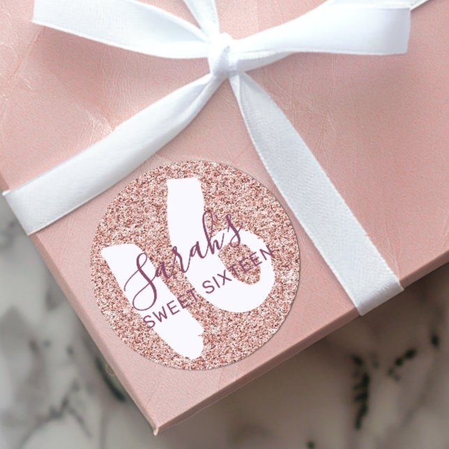 Chic Sweet 16 Rose Gold Glitter Birthday Classic Round Sticker (Creator Uploaded)