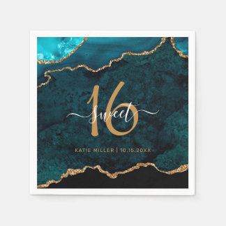 Chic Sweet 16 Teal Gold Agate Custom Name Party Napkin