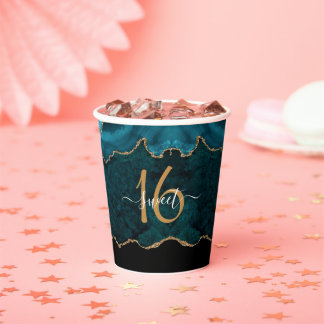 Chic Sweet 16 Teal Gold Agate Party Paper Cups