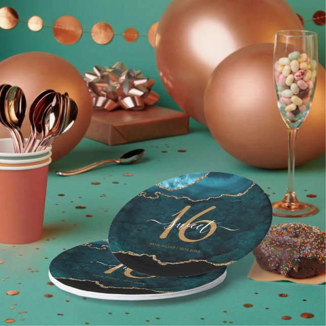 Chic Sweet 16 Teal Gold Glitter Agate Party Paper Plate (Multi)