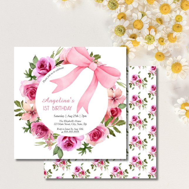Chic Sweet Pink Bow Rose Floral Birthday Invitation (Creator Uploaded)