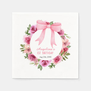 Chic Sweet Pink Bow Rose Floral Birthday Napkin