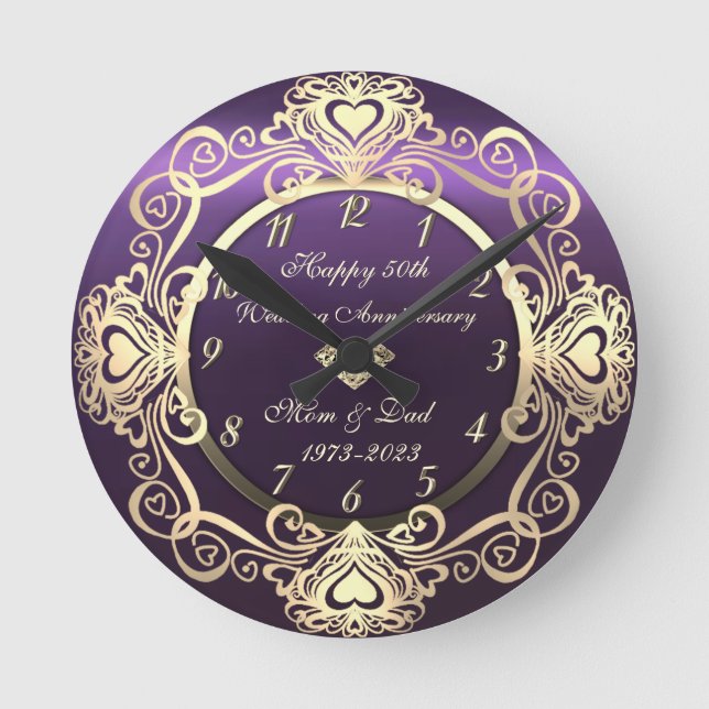 Chic Swirls Hearts Diamond Violet 50th Wedding   Round Clock (Front)