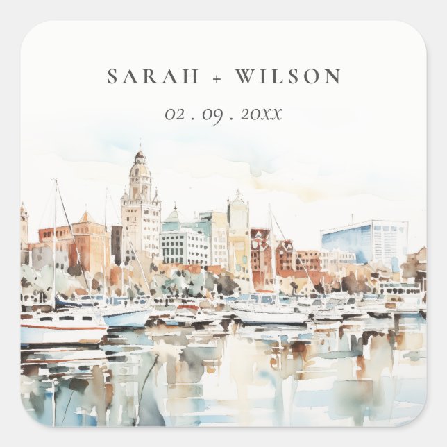 Chic Tampa Florida Skyline Watercolor Wedding Square Sticker (Front)
