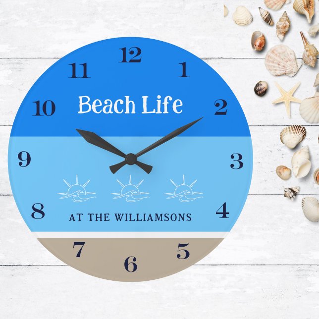 Chic Tan Blue Stripes Family Name Beach House Large Clock (Creator Uploaded)