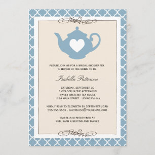 Chic Tan & Blue Teapot Bridal Shower Tea Party Invitation