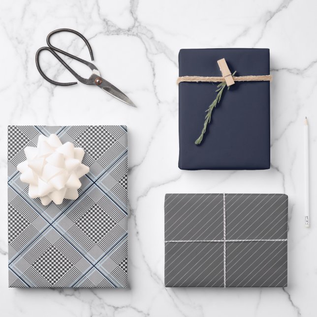 Chic Tartan Blue Grey Black Pattern Wrapping Paper Sheet (Front)