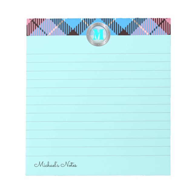 Chic Tartan Custom Script Monogram Cyan Lined Notepad (Front)