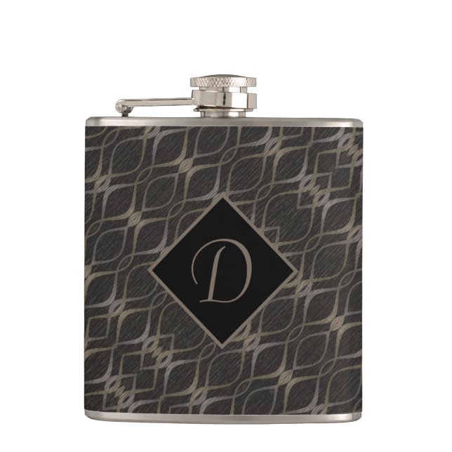 Chic Taupe Abstract Pattern Monogrammed Hip Flask (Front)