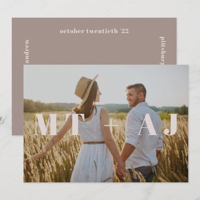 Chic Taupe Monogram Overlay Photo Save the Date (Front/Back)