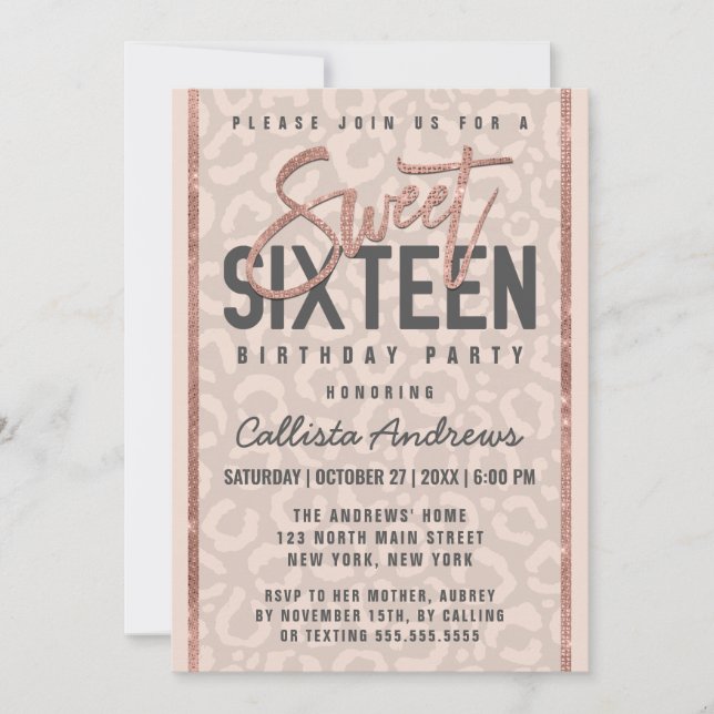 Chic Taupe Pink Rose Gold Glitter Cheetah Sweet 16 Invitation (Front)