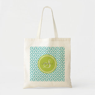 Chic teal abstract geometric pattern monogram tote bag