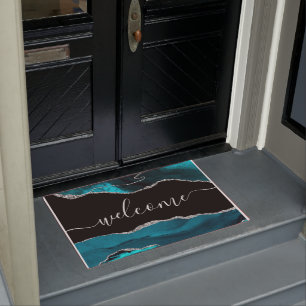 Chic Teal Agate Silver Glitter Script Welcome Doormat