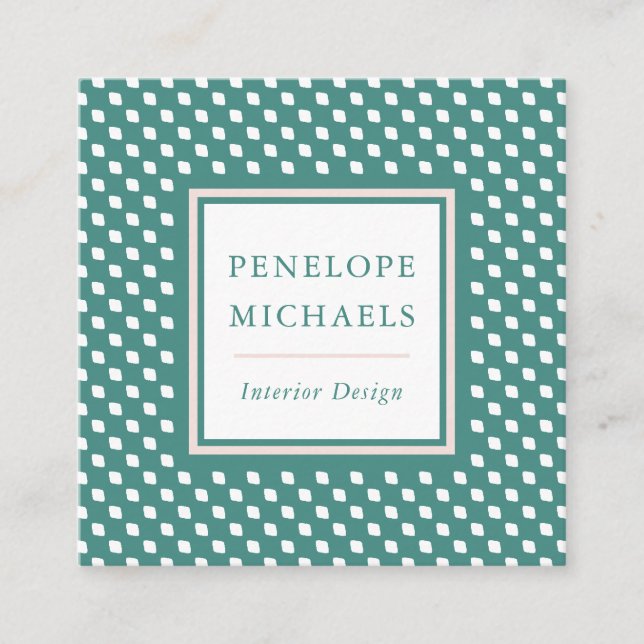 Chic Teal and Blush Geometric Pattern Square Business Card (Front)