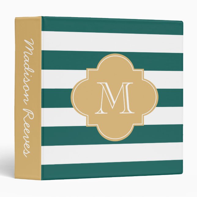 Chic Teal and Gold Striped Custom Monogram Binder (Front/Spine)