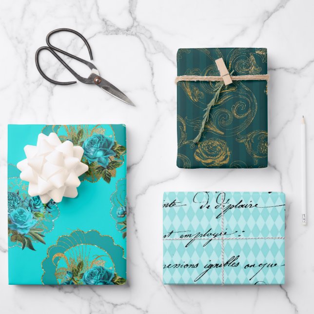 Chic Teal and Gold Wrapping Paper Sheet (Front)
