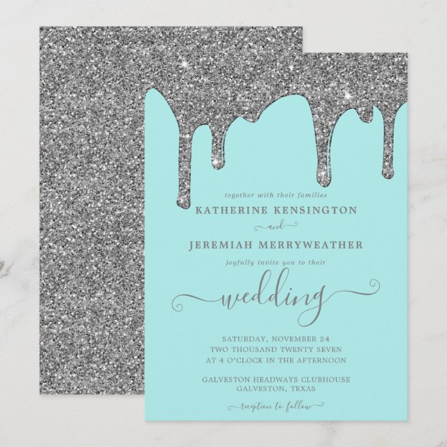 Chic Teal and Silver Glitter Drips Wedding Invitation (Front/Back)