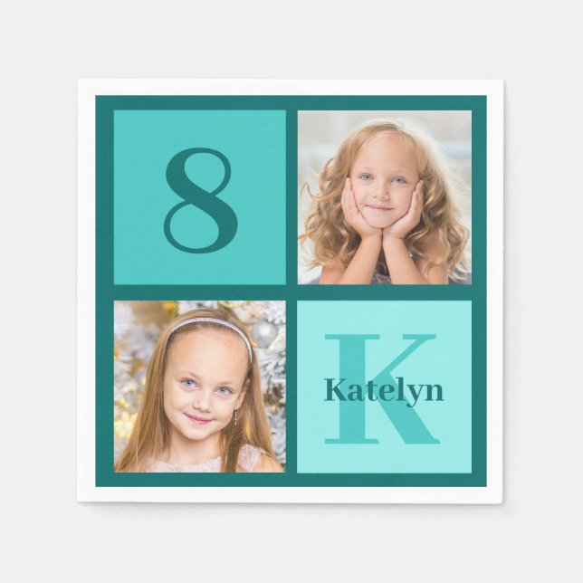 Chic Teal Birthday Party Custom Photo Collage Napkin (Front)
