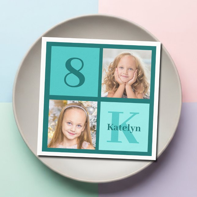 Chic Teal Birthday Party Custom Photo Collage Napkin (Creator Uploaded)