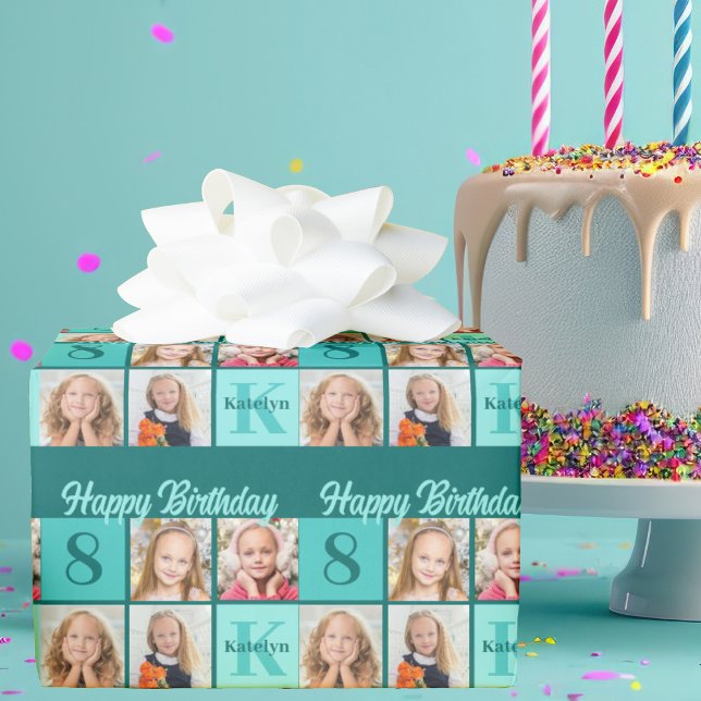 Chic Teal Birthday Party Custom Photo Collage Wrapping Paper (Creator Uploaded)