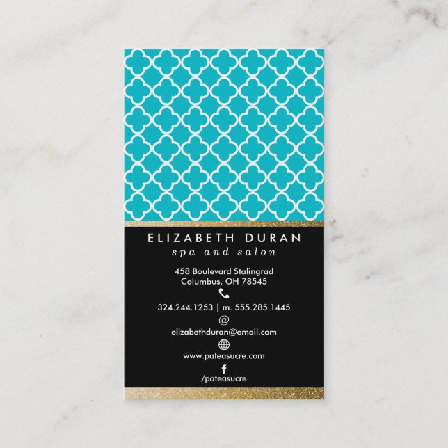 Chic Teal Black Gold Quatrefoil Pattern Custom Business Card (Front)