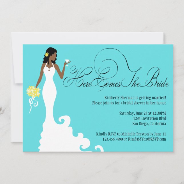 Chic Teal Black Yellow Here Comes the Bride Invitation (Front)