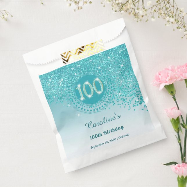 Chic Teal Blue Glitter Dotted Frame 100th Birthday Favour Bag (Sealed)