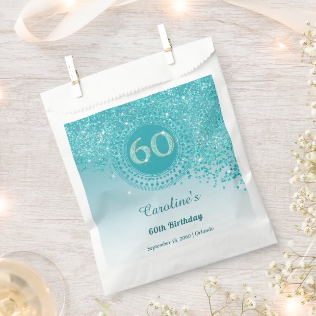 Chic Teal Blue Glitter, Dotted Frame 60th Birthday Favour Bag (Clipped)