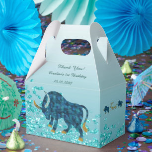 Chic Teal Blue Glitter Gold Taurus Zodiac Birthday Favor Box