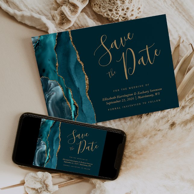 Chic Teal Blue Gold Agate Dark Save the Date Invitation (Creator Uploaded)