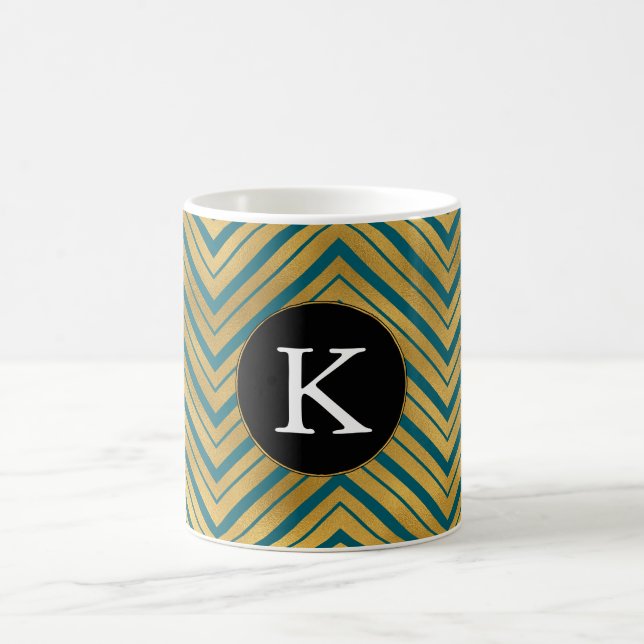 Chic Teal Blue Gold Chevron Monogram Coffee Mug (Center)
