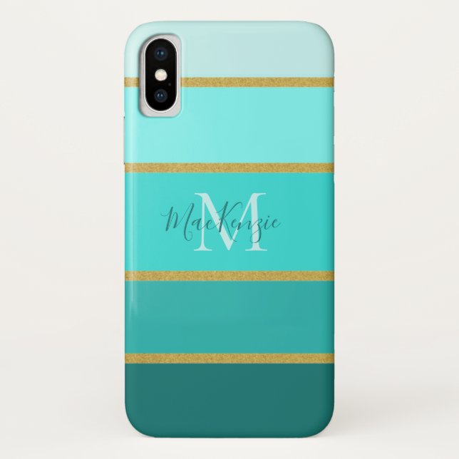 Chic Teal Blue Green Stripes Pattern With Name   Case-Mate iPhone Case (Back)